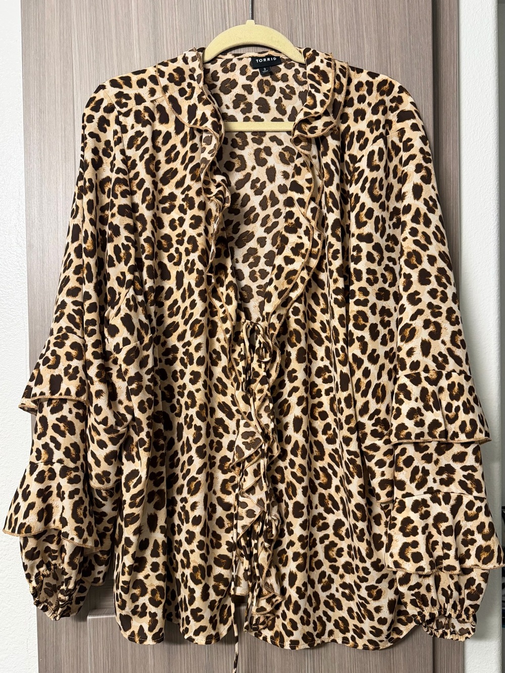 Leopard Ruffle Tie-Front Blouse - Beige/Brown - Picture 3 of 5